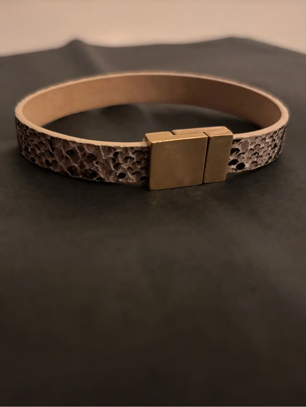 Taupe Textured Leather Bracelet with Gold Magnetic Clasp